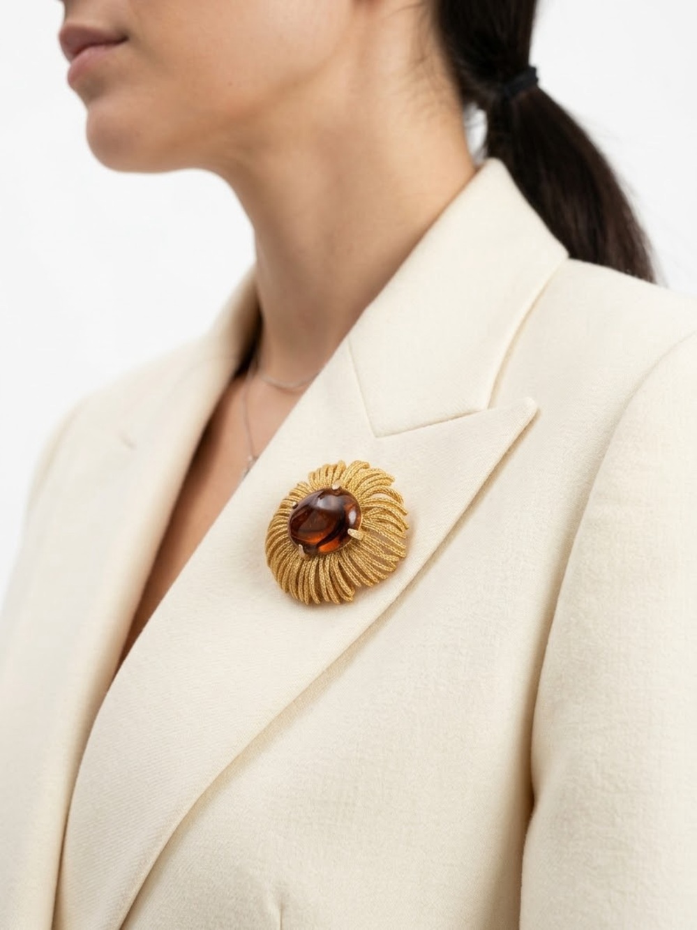 Gold-Tone Floral Brooch with Amber Center